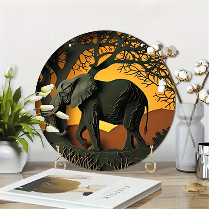 1pc 8x8in/20cm*20cm Round Wooden Hanging Sign, Imitation Hollow Painting Round Garland Sign Sign, Office Decor, Women's Gift Elephant Theme Decoration, Home Decor - Image 2