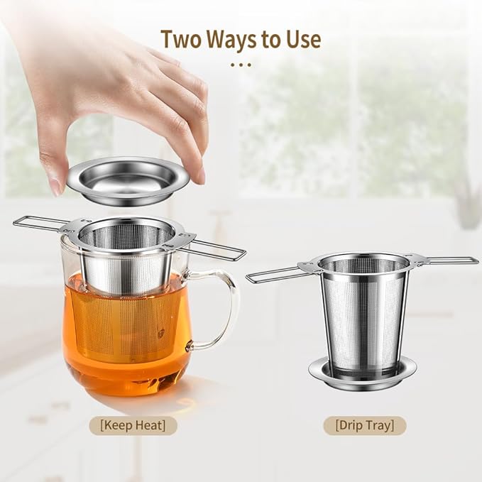 1Pack Long-Handled Tea Strainer with Drip Tray, BOMANSI BOMS Stainless Steel Tea Infuser Basket, Tea Infuser for Loose Leaf Tea, Fine Mesh Tea Diffuser, Loose Leaf Tea Steeper, Large Tea Infuser