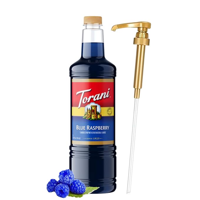 Torani Blue Raspberry Syrup 1 Liter Bottle with Pump Dispenser – Flavored Syrup with Pure Cane Sugar & Natural Ingredients – Perfect for Snow Cones, Shakes, Cocktails & Desserts by Torani