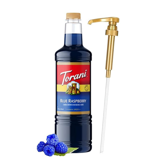 Torani Blue Raspberry Syrup 1 Liter Bottle with Pump Dispenser – Flavored Syrup with Pure Cane Sugar & Natural Ingredients – Perfect for Snow Cones, Shakes, Cocktails & Desserts by Torani