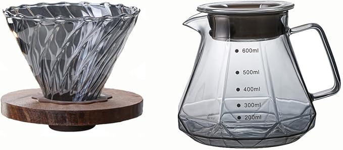 BeeCa Pour Over Coffee Maker Set, Smoked Glass 20oz/600ml All-in-One Dripper, Borosilicate Carafe with Handle & Lid, Includes 50 pcs paper filters (Size 02), for Home Café Restaurant and Camping