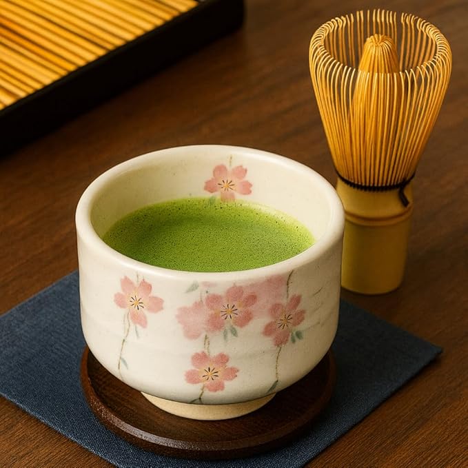 JapanBargain, Japanese Porcelain Matcha Bowl, Handcrafted Tea Ceremony Chawan, Zen-Style Green Tea Whisking Bowl, Made in Japan by Folk Artisans, Cream White/Sakura