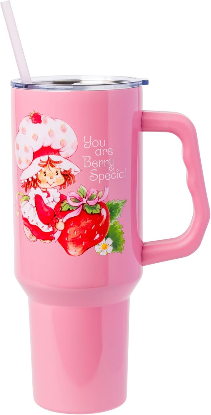 Silver Buffalo Strawberry Shortcake “You are Berry Special” Stainless Steel Tumbler with Handle, Fits in Standard Cup Holder, 40 Ounces