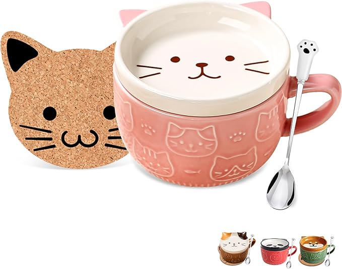 BigNoseDeer Cute Cat Mug Kawaii Tea Cup Pink Ceramic Coffee Mug with lid, Tea Cups and Saucers Preppy Stuff Cute Gifts for Women Cat Lovers Christmas Gifts 10oz