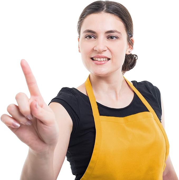 Total 6PCS Yellow Apron for Adult Women Unisex Durable Comfortable with 2 Front Pocket Washable Plain Color Bib Chef Apron for Cooking Baking Kitchen Restaurant Crafting Painting Party - Image 6