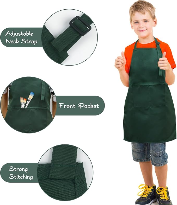 SINLAND Kids Aprons with Large Pocket 2 Pack | Adjustable Cooking Chef Aprons,Stain Resistant Toddler Apron for Baking Painting Gardening Boys Girls - Image 2