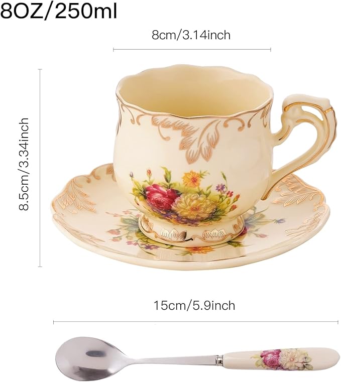 Tea Cups and Saucers Set of 2, 8 Oz Ivory Floral Porcelain Teacup and Saucer Set with Gold Trim, Vintage Tea Cups with Spoon, European Style (Colorful Floral)