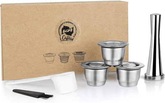 Stainless Steel Refillable Coffee Espr*sso Capsules, Reusable Coffee Pods Compatible with Nespresso Original Line Brewers 4Y Crema New Generation (3 Capsules + 1 Tamper)