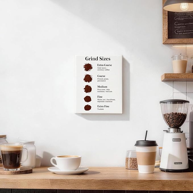 RTVJTERQ Grind Sizes Oil Painting, 8x10 Inches Ground Size Guide Art Print, Informative Wall Decor for Home Kitchen & Café, Brewing Method Artwork, Warm Gift For Beverage Enthusiasts