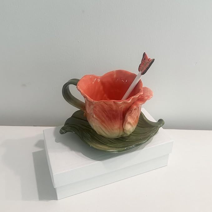 Ceramic Tea Cup and Saucer Set ，6OZ 3D Hand-Painted Flower Coffee Mug，Gift for Women -Orange Tulip