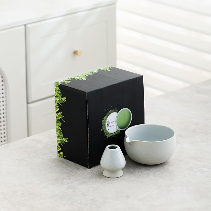 Matcha Set, Japanese Tea Set Includes Matcha Bowl with Spout, Matcha Whisk Holder (chasen), 15.2 oz Handcrafted Coarse Pottery Ceramic Matcha Kit for Matcha Lovers