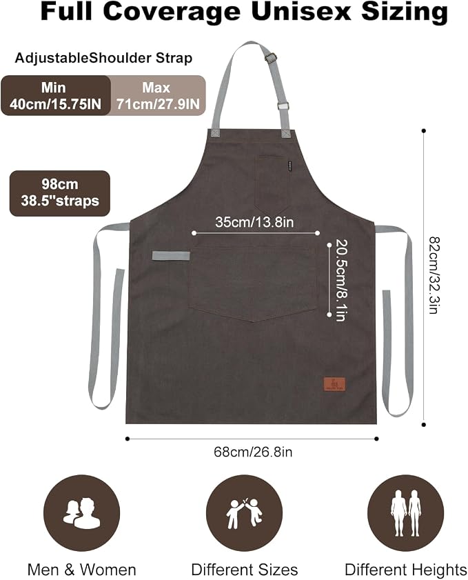 Chef Apron w/Pockets, Adjustable Strap for Cooking & Gardening | Equipped with 3 Large Multi-use Pockets, Wear-Resistant Fabric, Easy Clean, Ideal for BBQ Baking Craft for Men Women - Image 4