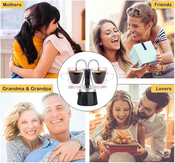 MVPLUE-Mini Express Double Tube Moka Pot Aluminum Black,Share fresh delicious coffee with a friend