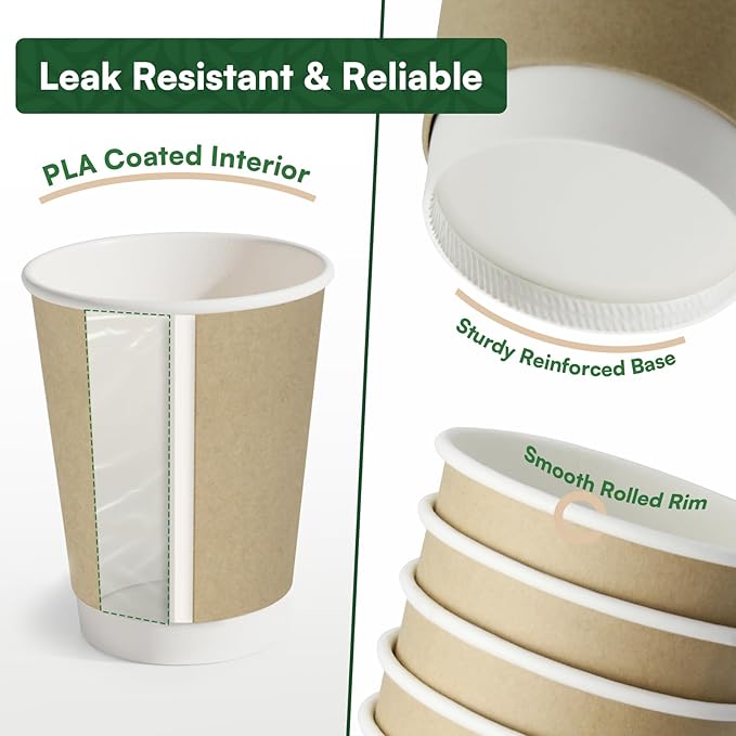 Disposable Coffee Cups with Lids 12 oz To Go Hot Cups,120 Pack Compostable Paper Cups with Lids, BPI Certified PLA Coated Natural Kraft Insulated Disposable Cups for Togo Office Coffee Bar Travel Home