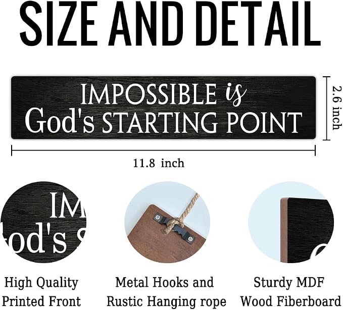 AGMDESIGN Impossible Is God's Starting Point Wood Sign, Christian Wall Art Decor for Shelf Desk Door, Inspiring Wooden Hanging Plaque for Home Church Youth Fellowship Farmhouse Bedroom Office - Image 2