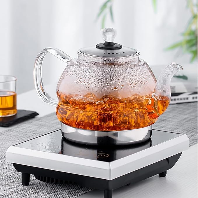 Induction Cooker Special Glass Teapot, Heat Resistant Borosilicate Glass Teapot With Stainless Steel Inner Filter for Loose Tea,tea Kettle Stovetop Clear Glass Flowe A-1.4L
