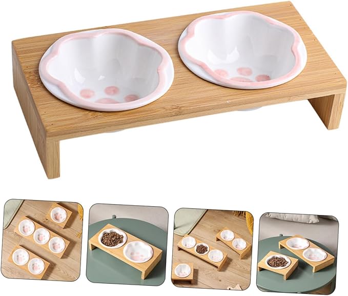 Bamboo Elevated Cat Bowl Ceramic Material Whisker-Friendly Bowl for Kitten Vomiting Relief