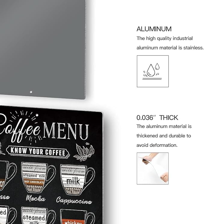 Putuo Vintage Coffee Menu Wall Decor, 12 x 8 Inches Aluminum Metal Sign for Bar, Restaurants, Cafes, Pubs, Office, Kitchen, Home Coffee Station