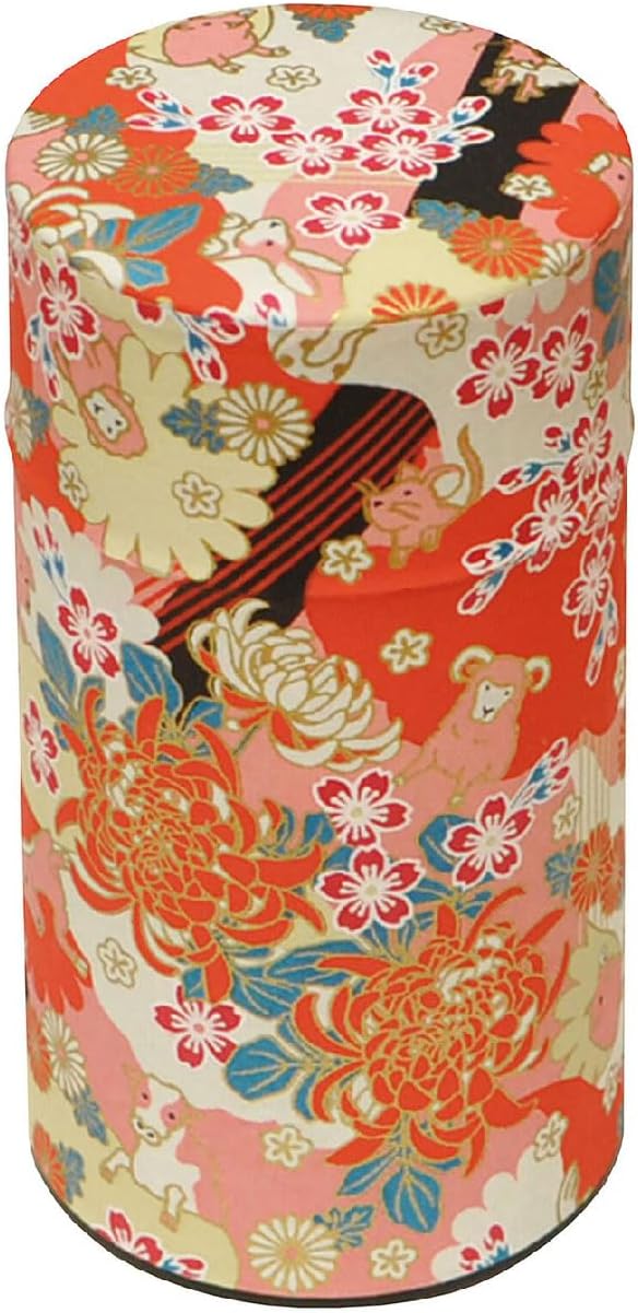 Japanese Pokkan Matcha Coffee Spice Tea Tin Canister Washi Paper Storage with Lid 7.05 oz Capacity (Eto)