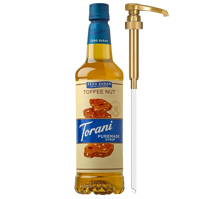 Torani Zero Sugar Puremade Syrup, Toffee Nut Flavoring for Drinks, Pump Included, 25.4 Fl Oz by Torani