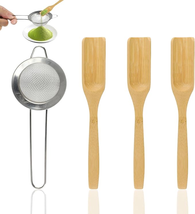 LOGJAM 4 Pcs Matcha Sifter And Spoon, Bamboo Matcha Scoop And Stainless Steel Matcha Sift With Handle, Matcha Tools For Tea
