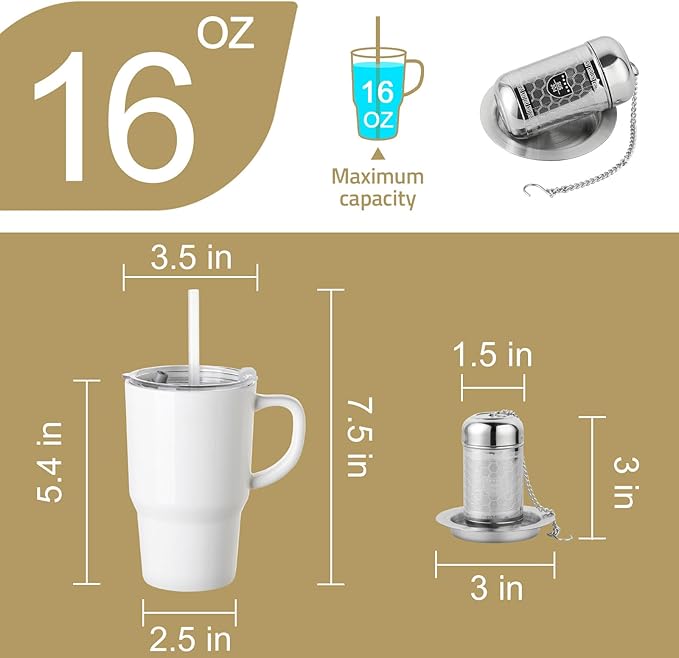 Sweejar Ceramic Tea Cup with Lid, 16 OZ Portable Coffee Mug, Dishwasher Safe Travel Mug with Infuser, Reusable Teacup for Car Cup Holder, Tea Lovers(White)