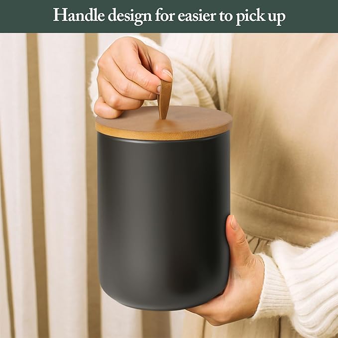 Canisters Sets for the Kitchen, Airtight Ceramic Canister with Wooden Lid, 45oz Black Coffee Canister with Scoop, 2 Piece Flour Sugar Storage Containers, Food Storage Jars for Countertop