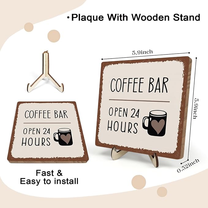 Coffee Bar Sign Plaque Decor,Coffee Bar Accessories,Rustic Wooden Tabletop Plaque with Stand, Minimalist Farmhouse Kitchen Counter Sign,Cute Mini Café Bar Decor Gift 5.9x5.9Inch
