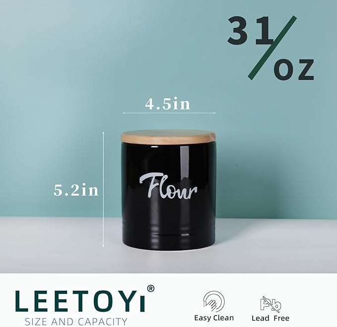 LEETOYI Porcelain Food Storage Containers with Lid, 4.5 Inch 31oz, Black Labeled Flour