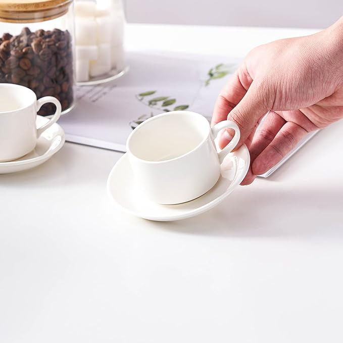 8oz Porcelain Stackable Cappuccino Cups with Saucers and Metal Stand Set of 4, Cappuccino Cups Set of 4, White Coffee Cups for Espresso, Specialty Coffee Drinks, Latte, Americano and Tea
