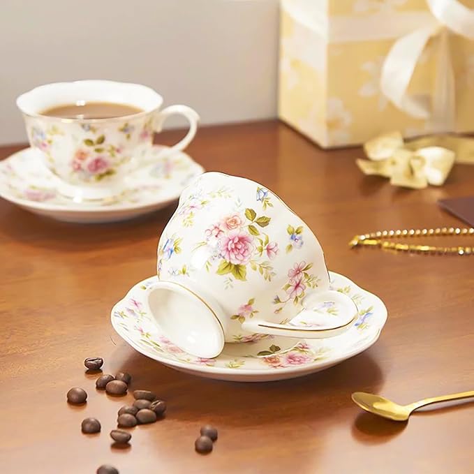Noviko 6 oz Floral Tea Cups and Saucers Flower Ceramic cup for Women and Tea Parties