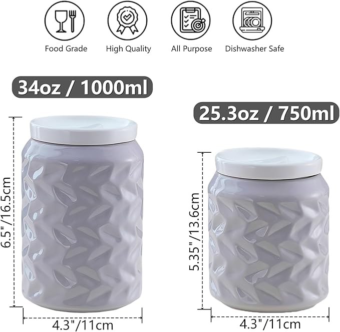 Ceramic Jar with Lid, 34oz Food Storage Jar with Airtight Seal Ceramic Lid for Sugar Tea Spice, Coffee Canister Sugar Container (Gray)