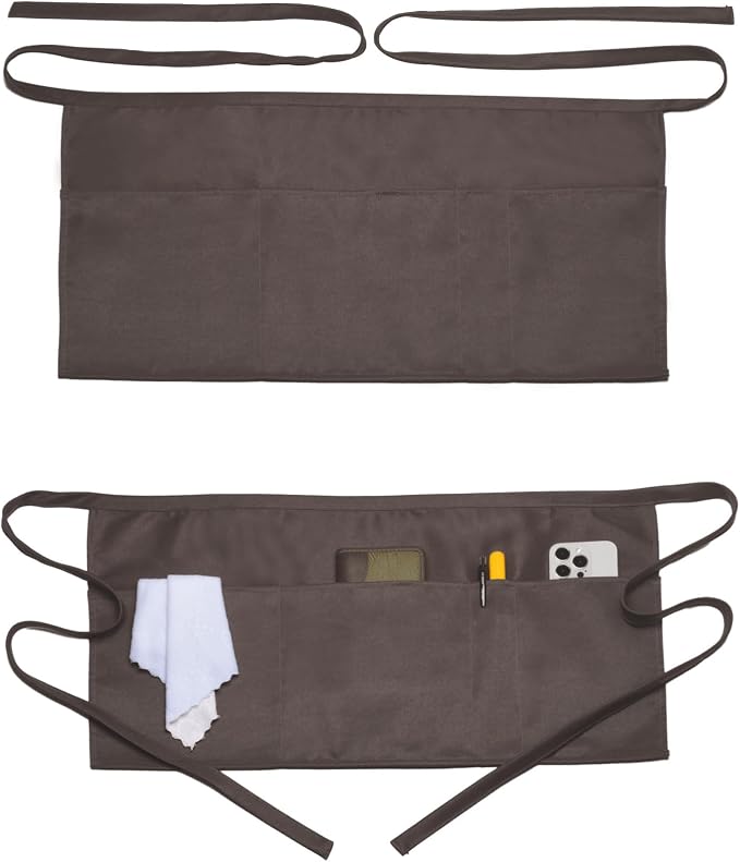 Argstar 2 Pack Server Apron with 4 Pockets, Waitress Waiter Waist WaterDrop Resistant Short Aprons by ArgstarDirect