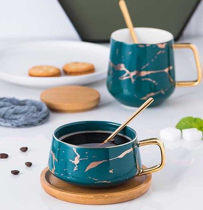 YBK Tech Porcelain Tea Cup Coffee Mug Set for Afternoon Tea - Marble Pattern (Green, Short 300ml + wood saucer)