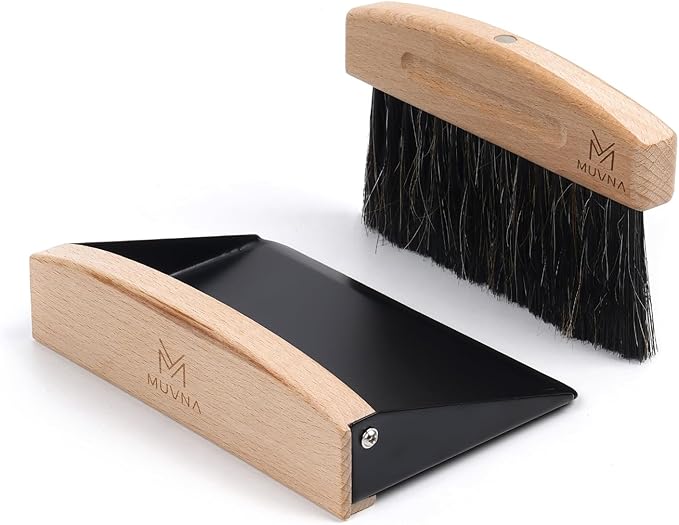 Coffee Brush and Dust Pan Set - Mini Hand Barista Broom, Magnetic Natural Horsehair Espresso Brush, Wood Barista Tools for Cleaning Tamping Station, Coffee Bar, Kitchen, Black