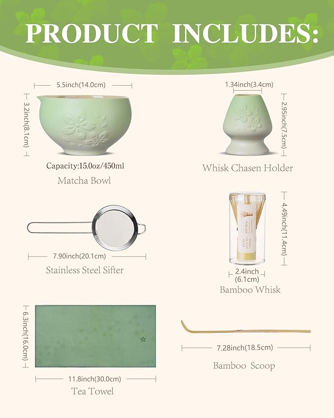 ZENS Matcha Whisk Set, Matcha Kit Set, Matcha Bowl with Spout, Bamboo Whisk & Scoop, Chasen Holder, 304 Sifter & Tea Mat, 6pcs Japaness Matcha Kit for Matcha Lovers, Birthday Gift, Pale Green