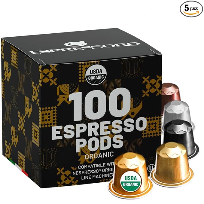 Espressoro 100 Organic Espresso Capsules - Variety Pack USDA Certified Premium Aluminum pods compatible with Nespresso Original line machines. Made in Italy.