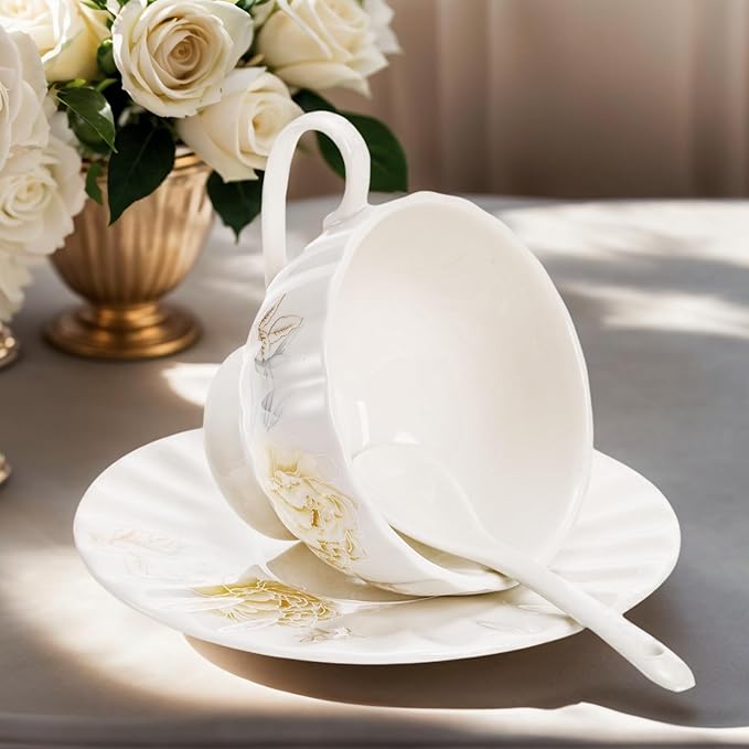 Tea Cups and Saucers Set of 6, 7 Oz Floral Tea Cups, White Porcelain Tea Cup with Saucer, British Coffee Cups Sets for Women Teas Party, Cappuccino, Latte, Microwave Safe