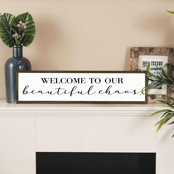 Funny Wood Sign, Wall Decor Art, Positive Home Decors, Front Door Decor for Shelf, Housewarming Gift, Framed Wooden Box Signs, Welcome to Our Beautiful Chaos Sign 17.8x4x1.2 inches - Image 5