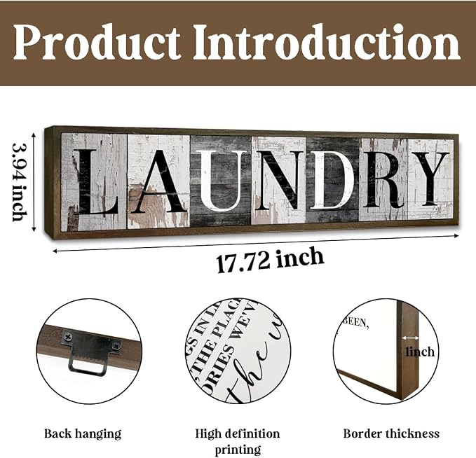 Vintage Laundry Sign, Farmhouse Laundry Signs and Plaques, Tabletop Decor, Wall Decoration for Laundry Room, Washing Room Decors, Housewarming Decor, Framed Wooden Box Sign 17.8x4x1.2 inches - Image 2