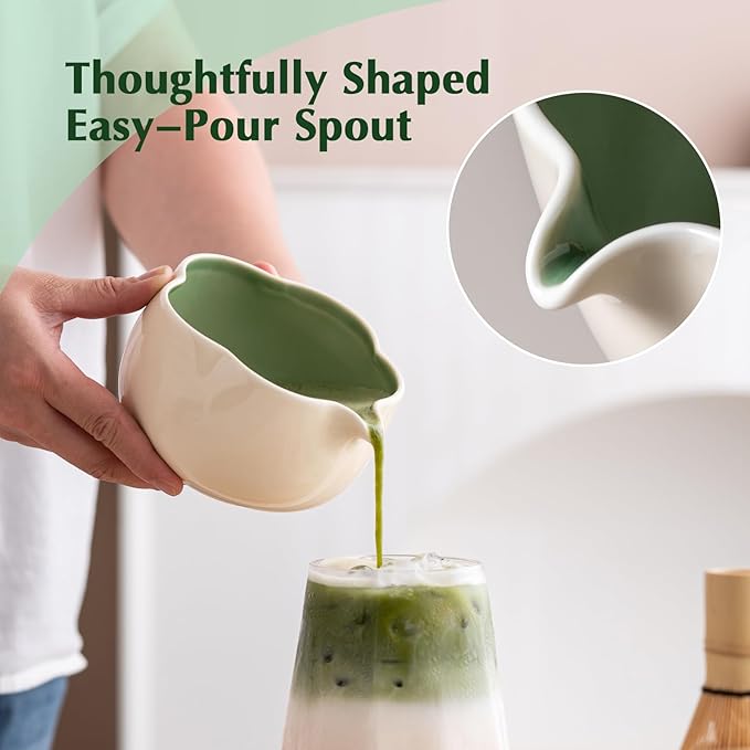 Matcha Set, 8Pcs Floral Ceramic Matcha Kit with Matcha Whisk, Holder, Scoop, Scoop Rest, Sifter, Spoon and Tea Towel - Thoughtful Matcha Whisk Set Gift for Matcha Lovers (Beige & Green)