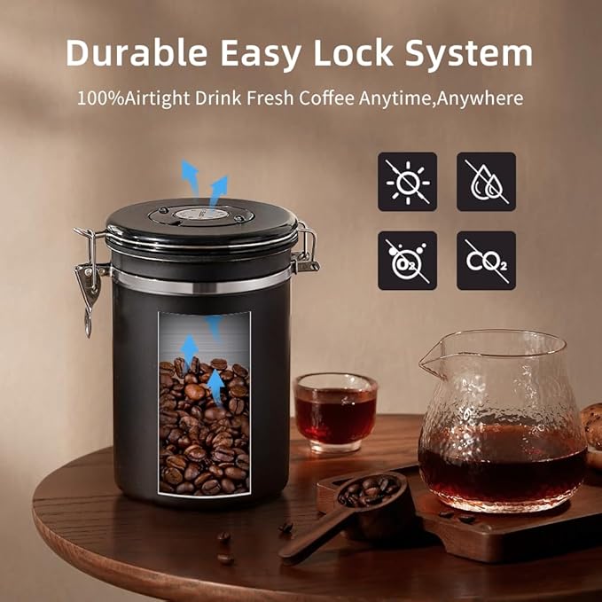 Airtight Stainless Steel Coffee Canister,1.8L Coffee Bean Storage Container with Date Tracker and Scoop for Coffee Beans, Grounds, Tea, Flour, Cereal, Sugar, Large (Black)