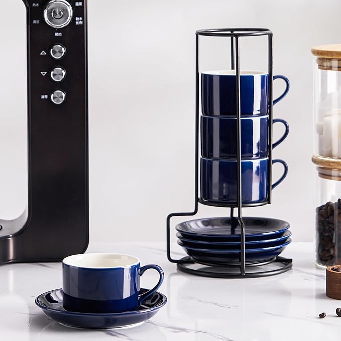 8oz Porcelain Stackable Cappuccino Cups with Saucers and Metal Stand Set of 4, Cappuccino Cups Set of 4, Blue Coffee Cups for Espresso, Specialty Coffee Drinks, Latte, Americano and Tea