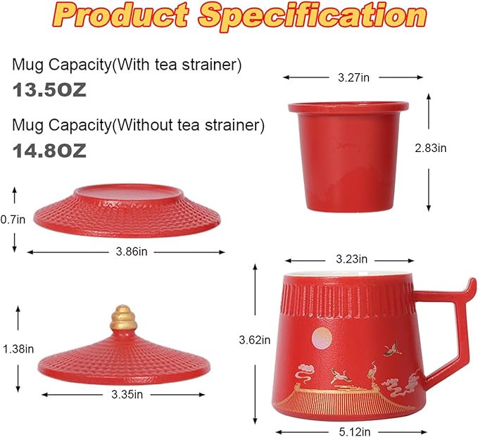 Tea Cup with Infuser and Lid,Loose Leaf Tea Steeper Cup 14.8oz Ceramic tea Infuser Mug Travel Large Steeping Cup Diffusers Mugs with Fine Strainer and Handle