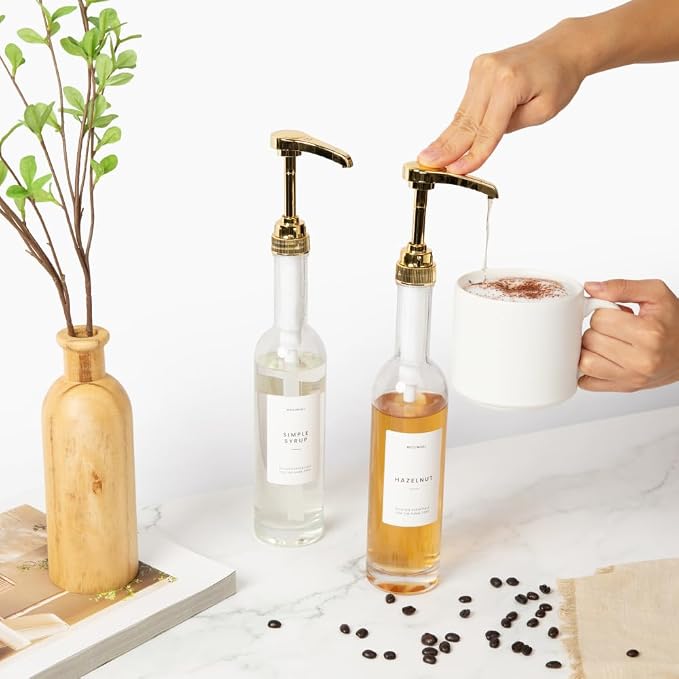 Molimoli Coffee Syrup Dispenser for Coffee Bar, 350mlCoffee Pump Dispenser, Glass Syrup Bottle w. Pumps, Simple Syrup Dispenser w. Labels,Set of 4, (Gold) - Image 5
