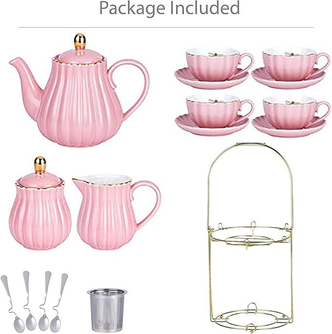Jusalpha Fine China Pink Coffee Cup/Teacup Set, 7 OZ Cups& Saucer Service for 4, with Teapot-Sugar Bowl-Cream Pitcher Teaspoons and tea strainer for Tea/Coffee, 17-Pieces (TW Full set)