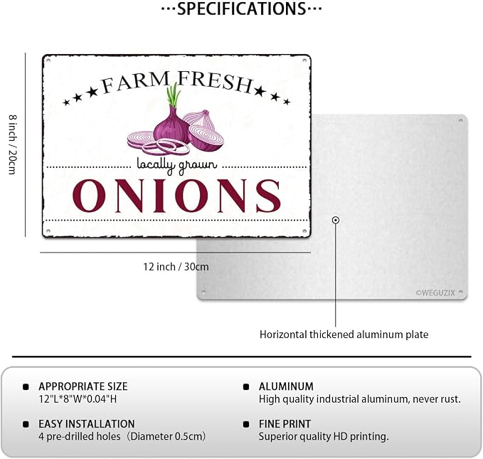 Vintage Onions Metal Signs Wall Decor Funny Vegetables Art Poster Decorative for Home Farmhouse Kitchen Garden Cafe Bar Farm Porch Fence Yard 12X8 Inch Aluminium Hanging Plaque - Image 2