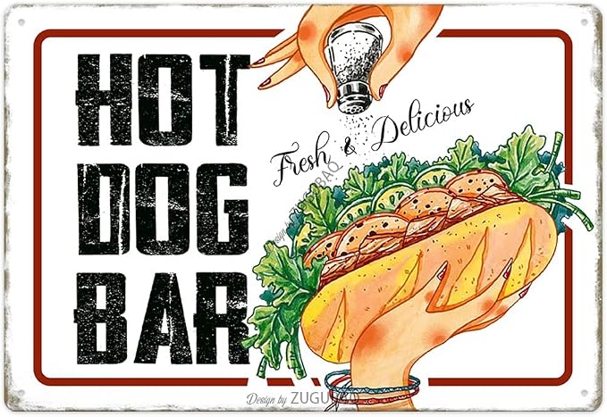 Hot Dog Bar Tin Signs Vintage Metal Sign Funny Food Art Printing Poster Wall Decor for Home Kitchen Bar Restaurant Cafe Pub Indoor Outdoor 12x8 Inch Hanging Plaque by ZUGUBAQ