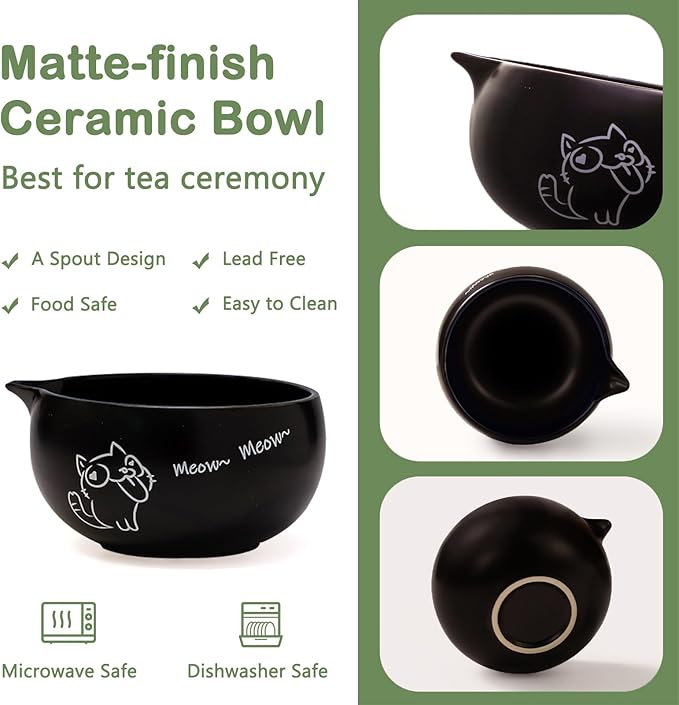 Matcha Whisk Set Black, Traditional Matcha Tool Set Kit Cat Design Ceramic Chawan Bowl and Bamboo Whisk Gift for Women Friend Tea Lover