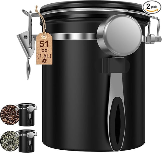 2PCS Coffee Storage Canister 1.5L 51OZ Double Airtight Coffee Beans Container with Date Locator 304 Stainless Steel Kitchen Food Storage Container with Spoon For Coffee Tea and Sugar
